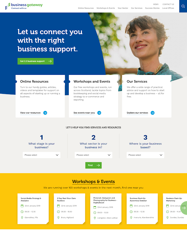 The built Business Gateway homepage: hero reading Let us connect you with the right business support, three resource cards, the numbered three-step tailored tool, workshops, success stories and a Your sector band.