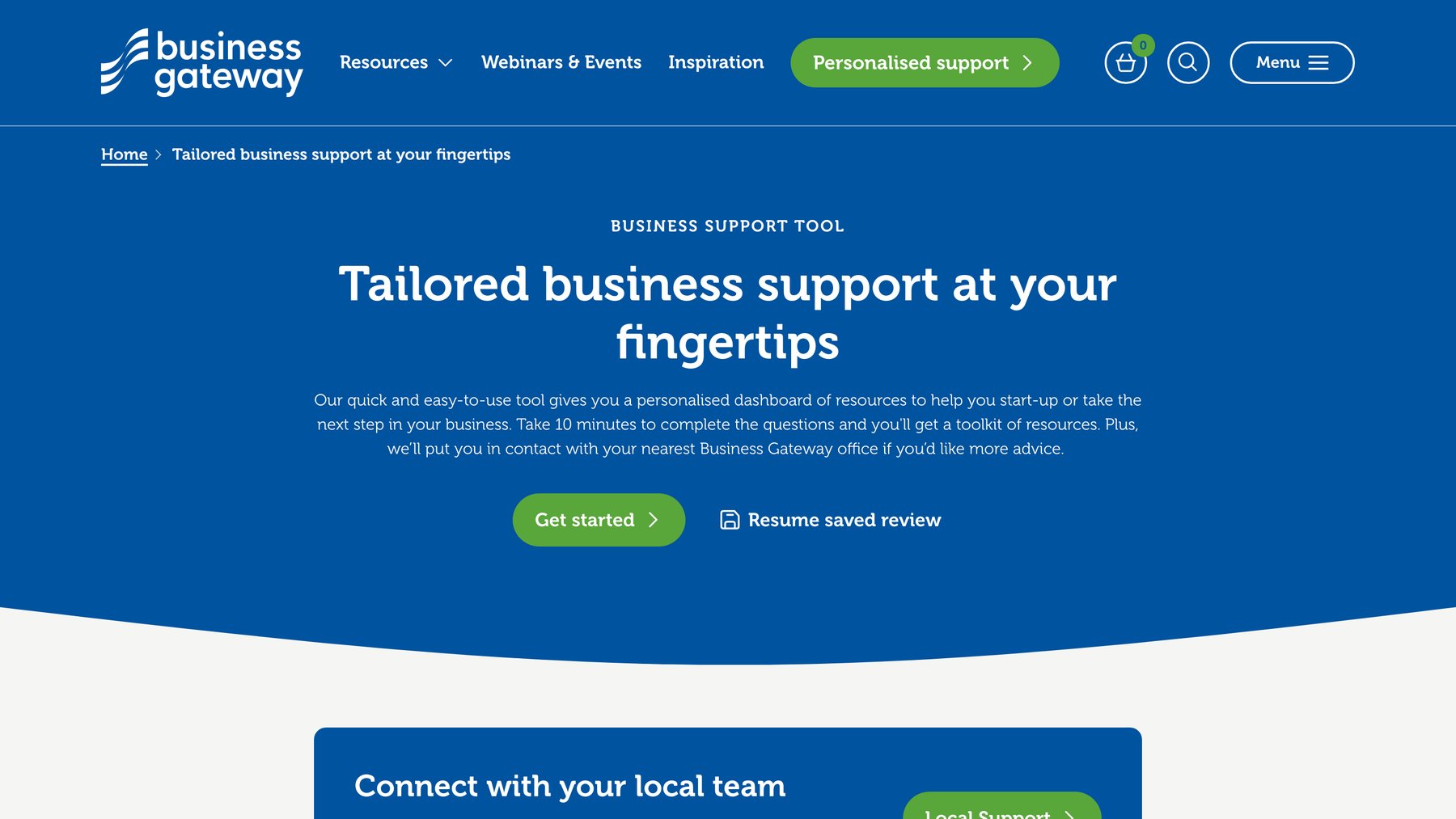 The Business Gateway personalised support page, headed Tailored business support at your fingertips, with a Get started button.