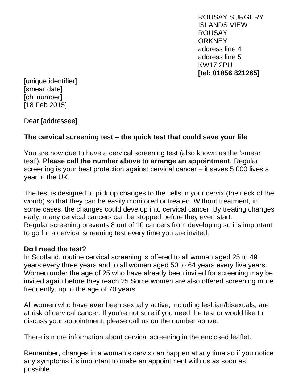 An example cervical screening invitation letter: a full page of small text asking the reader to call their surgery to arrange an appointment, with more information in an enclosed leaflet.