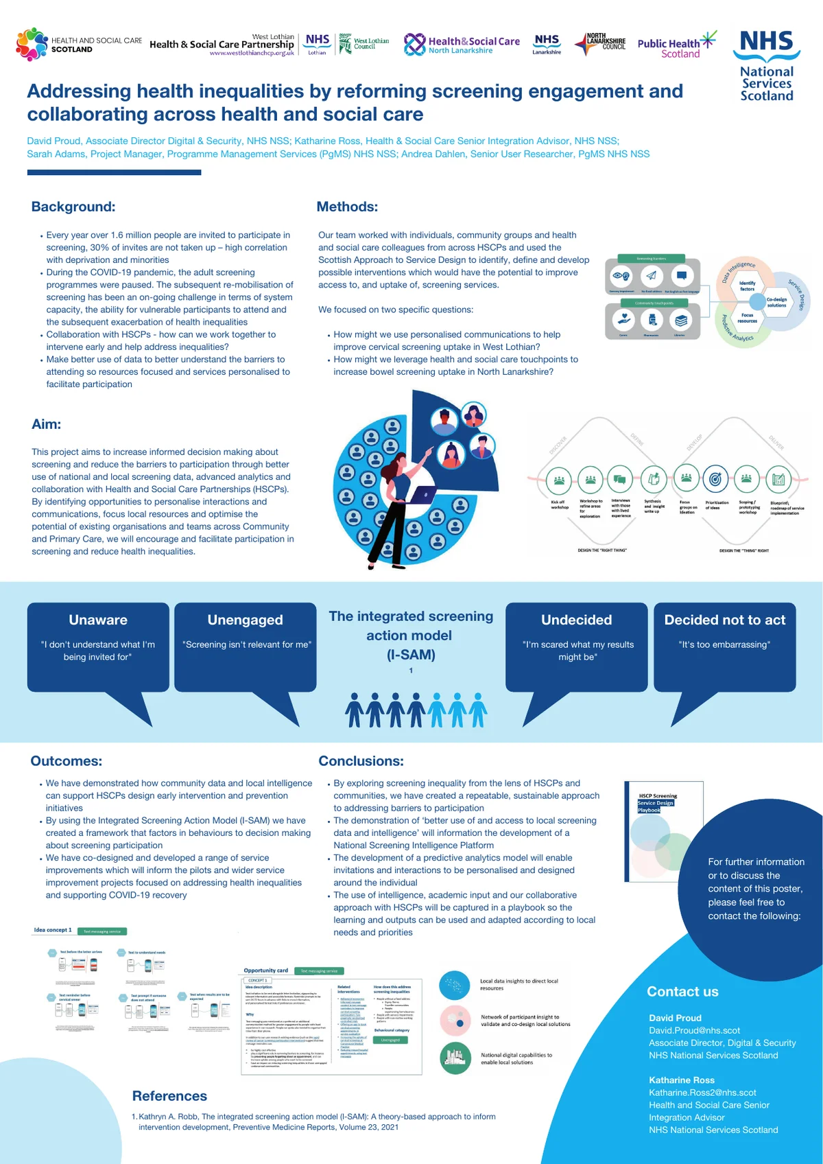 The NHS Scotland Event poster: Addressing health inequalities by reforming screening engagement and collaborating across health and social care. It shows the background, aim, methods, the four stages of not attending, outcomes and conclusions.