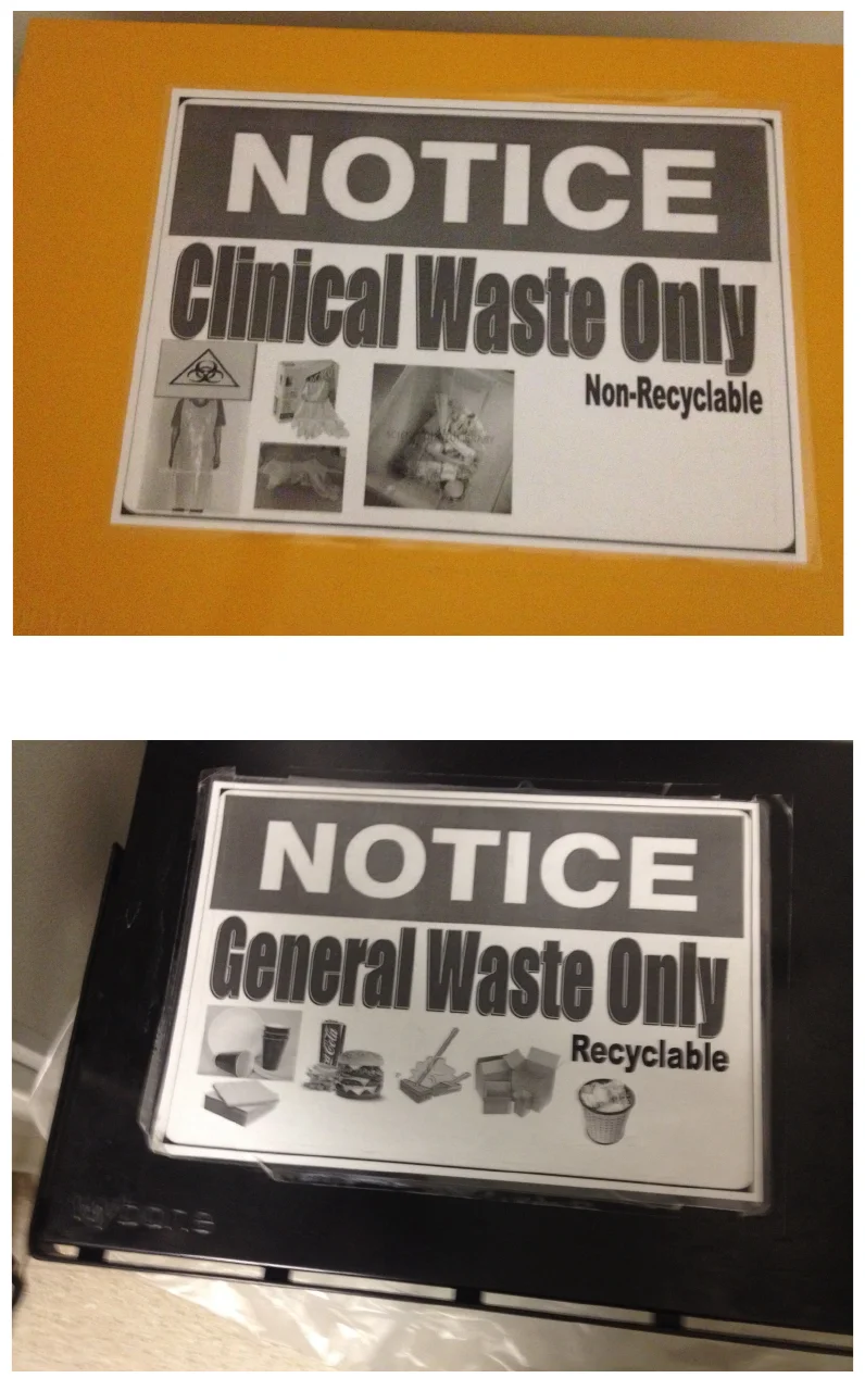 Two existing hospital bin labels in black and white, both headed NOTICE, one reading Clinical Waste Only and the other General Waste Only.