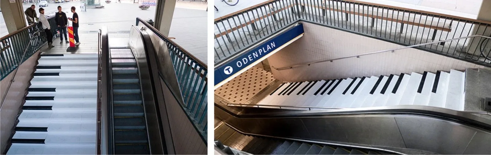 Stairs painted as piano keys next to an escalator at Odenplan station in Stockholm.