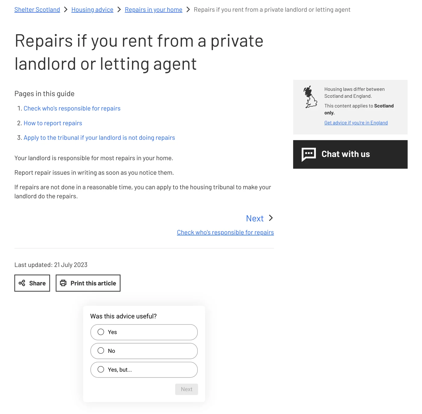 A Shelter Scotland advice guide on repairs if you rent from a private landlord, with the pages in the guide listed as numbered steps, a short summary and a Next link.