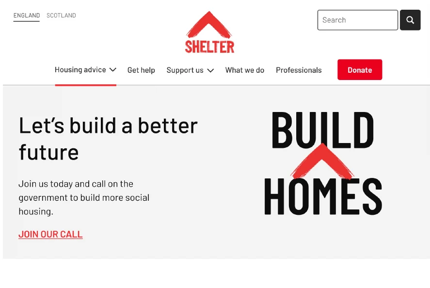 A campaign hero with BUILD HOMES in large capitals beside a sentence-case H1 reading Let's build a better future.