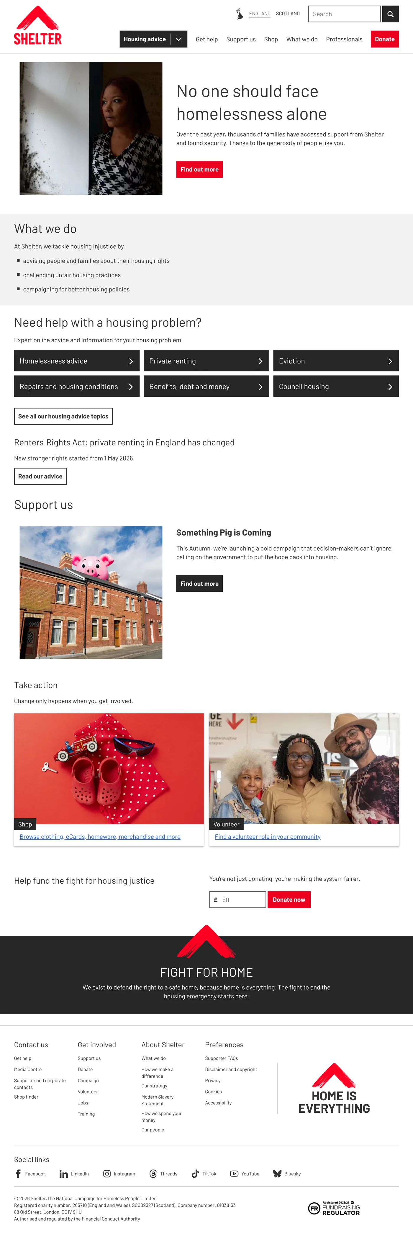 The england.shelter.org.uk homepage on desktop: Shelter logo, Housing advice menu, a hero reading No one should face homelessness alone, advice topic buttons, Support us and Take action sections, and the Fight for home footer.