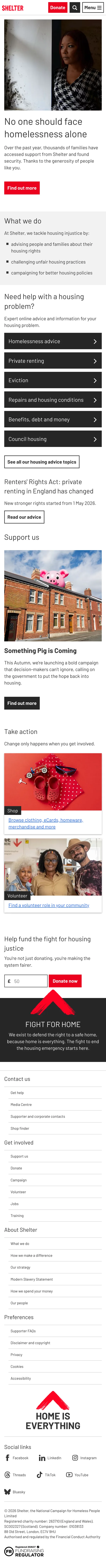 The same homepage on a phone, with the Shelter logo, Donate, search and Menu buttons in the header.