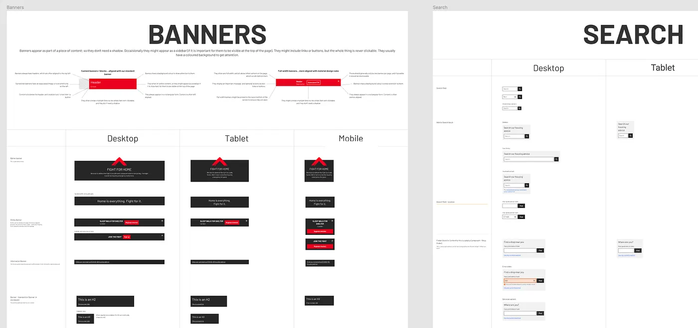 Pattern specifications for banners and search across breakpoints.