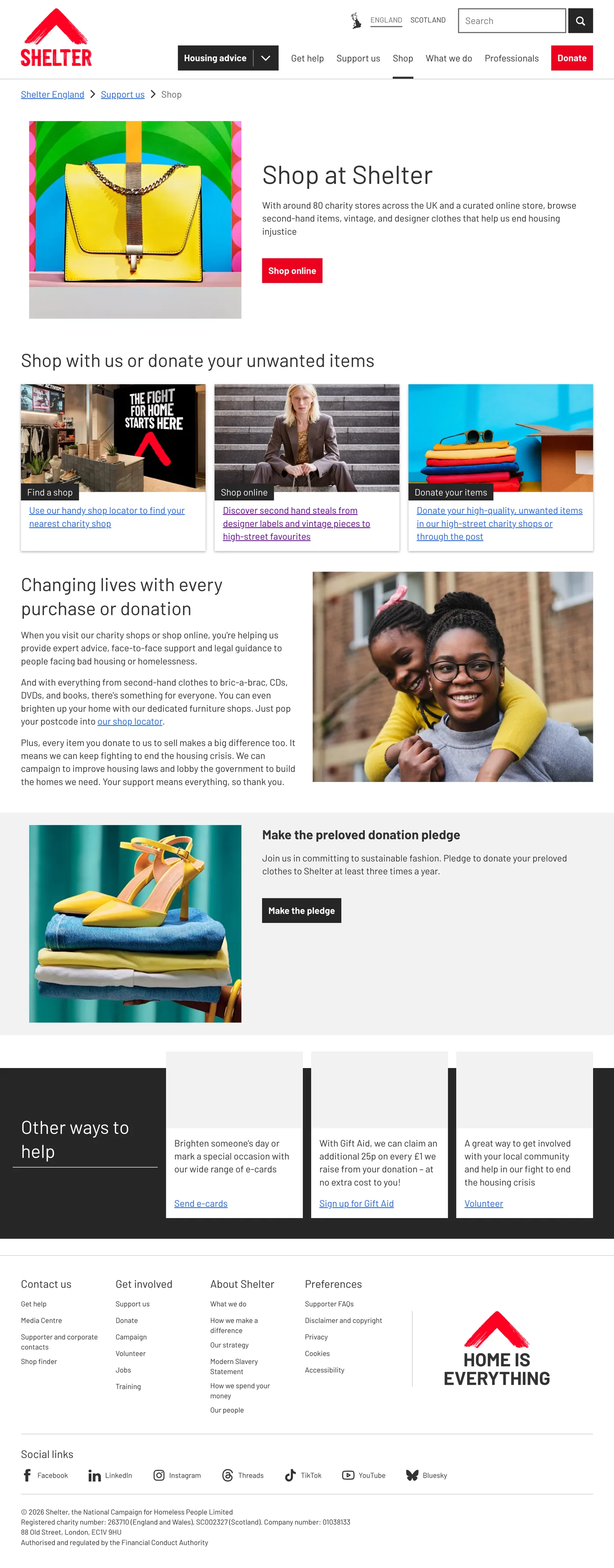 Shelter's Shop page, with Shop selected in the main navigation, a Shop online button and links to find a shop or donate items.