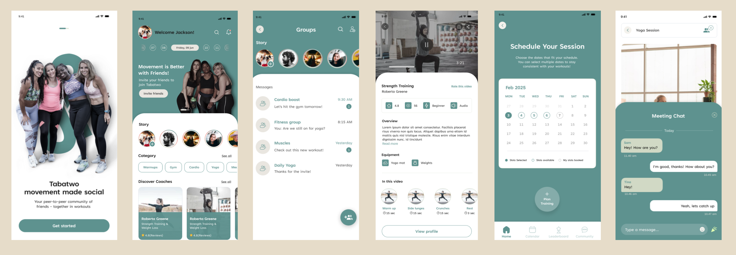 Six Tabatwo app screens: onboarding, home feed, groups messaging, a strength training video, session scheduling and in-session chat.