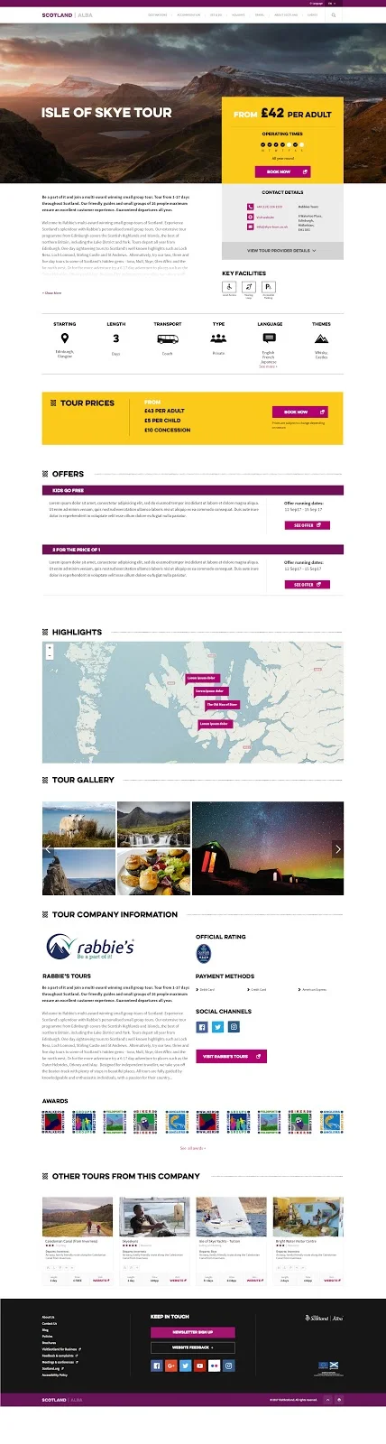 High-fidelity prototype of an individual tour page with itinerary, map and booking information.