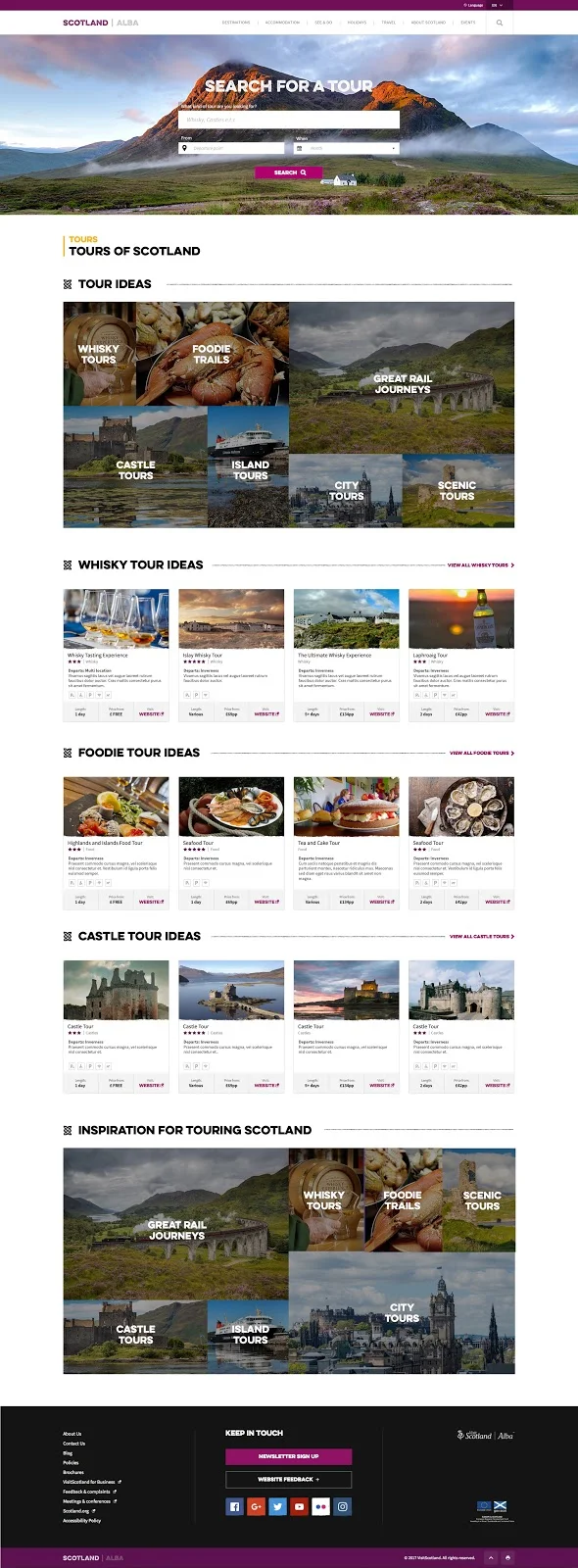 High-fidelity prototype of the tours listing page with filterable result cards.